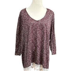 Kate & Sam Pullover Women's Top Shirt Size 3X  3/4  Sleeves Crochet Burgundy